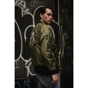 Bibisama Zodiac Monkey Olive Green Bomber Jacket XS-S Embroidered Streetwear